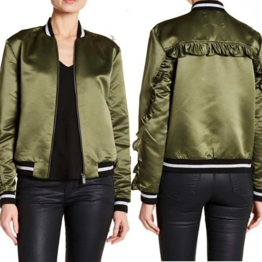 Rachel Roy Ruffle Satin Bomber Jacket XL Green
